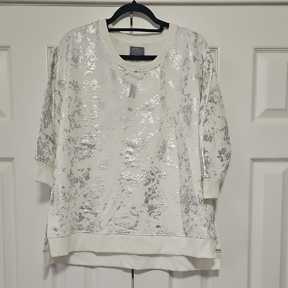 Berkley Jensen French Terry Foil White Sweatshirt Metallic Silver Womens XL NEW